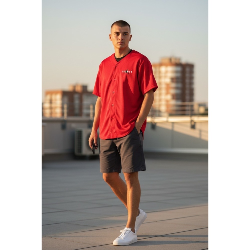 Jordan Baseball Jersey Red Black Logo‎ Men's Size M Short Sleeve